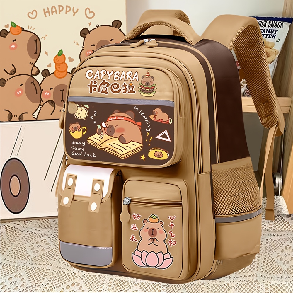 

1pc Khaki Nylon Backpack For College, 16-inch Lightweight Water-resistant School Bag With Adjustable Straps, Zipper Closure, Polyester Lining, Binding, Wet , Printed Design