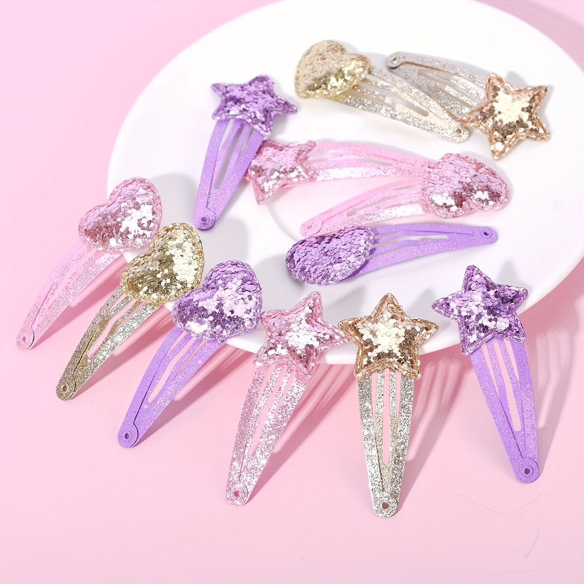 Image of 12-pack Sparkling And Heart Hair Clips, Cute Theme, Pure Metal, Only, Assorted Colors For Ladies' Accessories