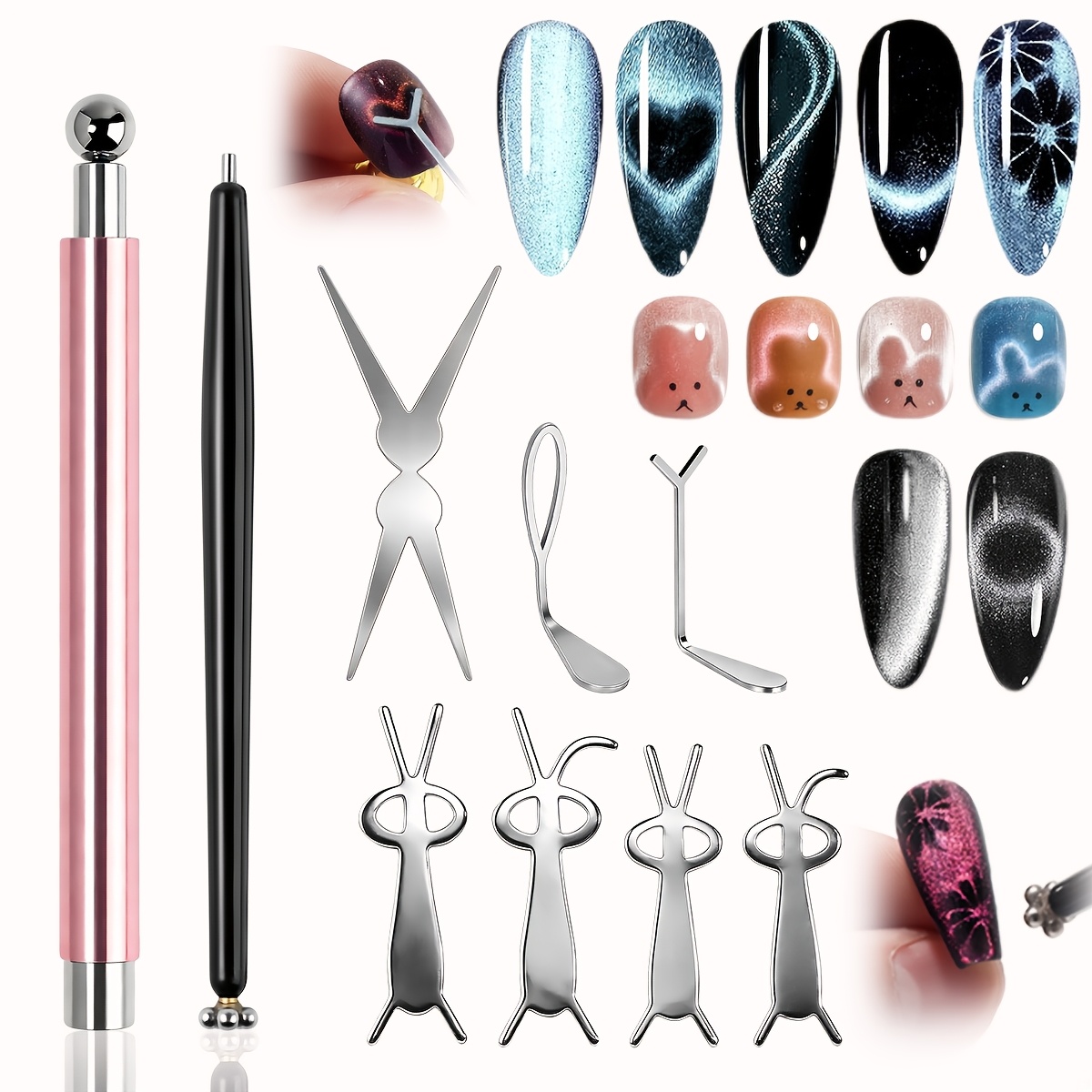 Image of Cat Set For Nails, 3in 1 Cylinder Ball Magnet, Double Head Flower Magnetic Nail Art Pen, French Heart Black Hole Rabbit Tools For Cat Eye Gel Polish