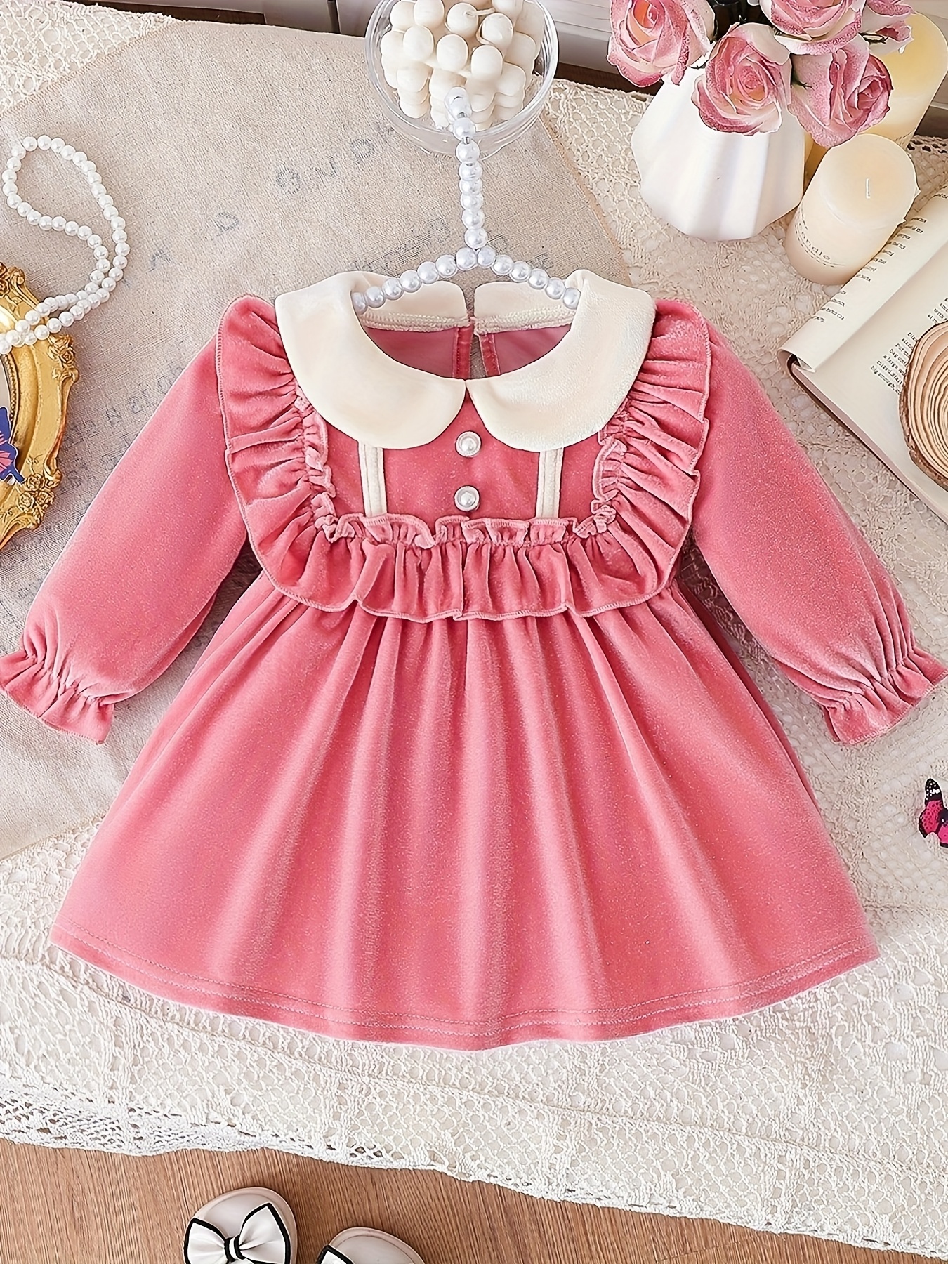 cute pink dress baby girl stylish long sleeve dress - Temu Brazil