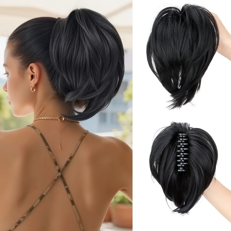 Image of Claw Clip Short Ponytail Hair Extensions Messy Bun Hair Piece For Wonen Straight Synthetic Fake Hairpieces