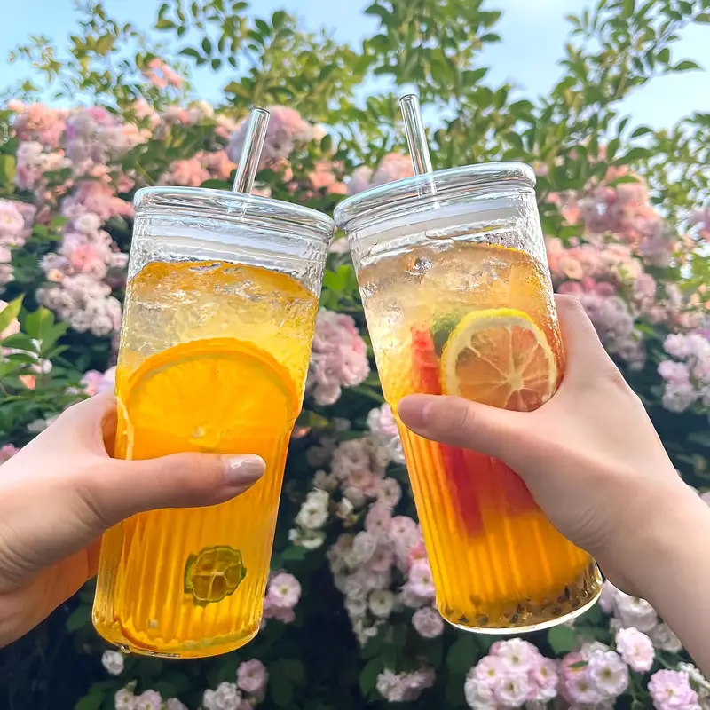2pcs 22oz 650ml with lid straw and straw brush ribbed glass cup reusable wide mouth smoothie cup glass ice coffee cup tea cup juice cup a great holiday gift christmas anniversary housewarming party gifts for Product details 6