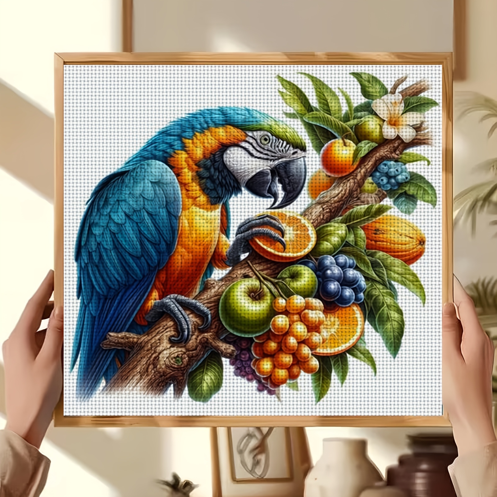 DIY Cross Stitch Print Kit 'Colorful Parrot Perched on Fruit Tree Branch'