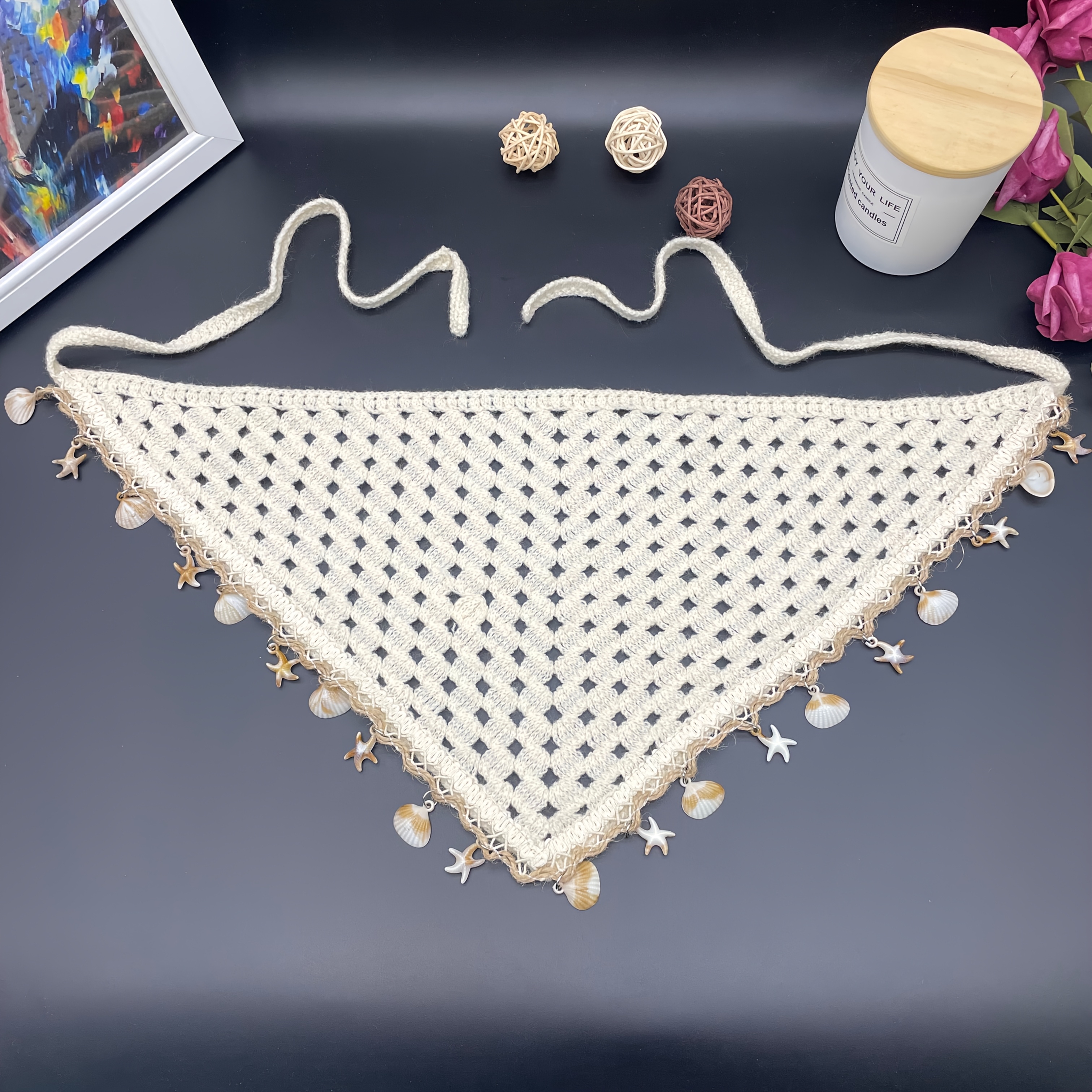 TEMU 1pc Bohemian Style Korean Version Hollow-out Seashell Tassel Scarf For Women, Summer Decorative Scarf, Layering Multi-functional Shawl, Women's