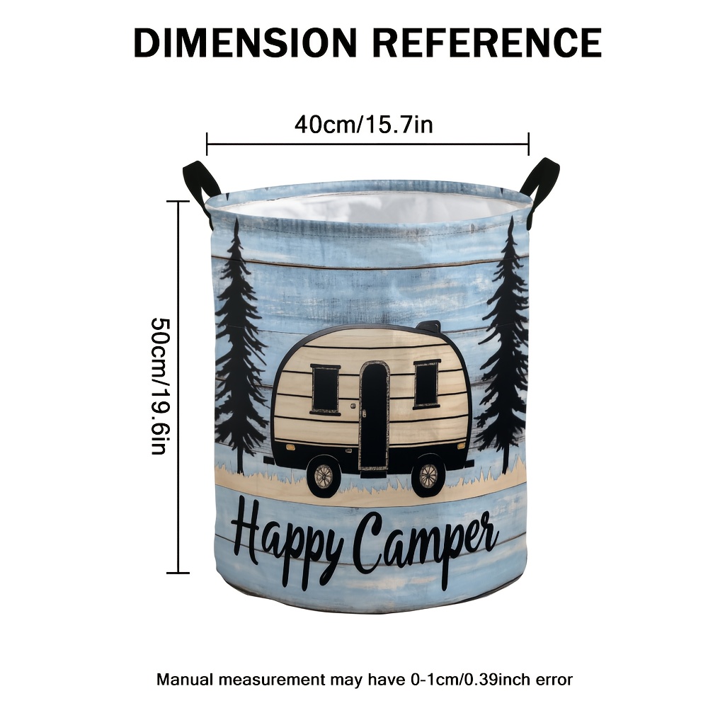 TEMU 1pc Of Joy 2d Flat Design Laundry Basket – Collapsible Round Container With Handles, Made Of Polyester, Ideal For Organizing Bathrooms And