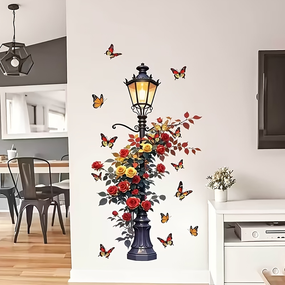 Image of 1pc Vintage Street Lamp Rose And Wall Sticker | European Floral Decoration For Entryway And , Self-adhesive Vinyl, Semi-matte End