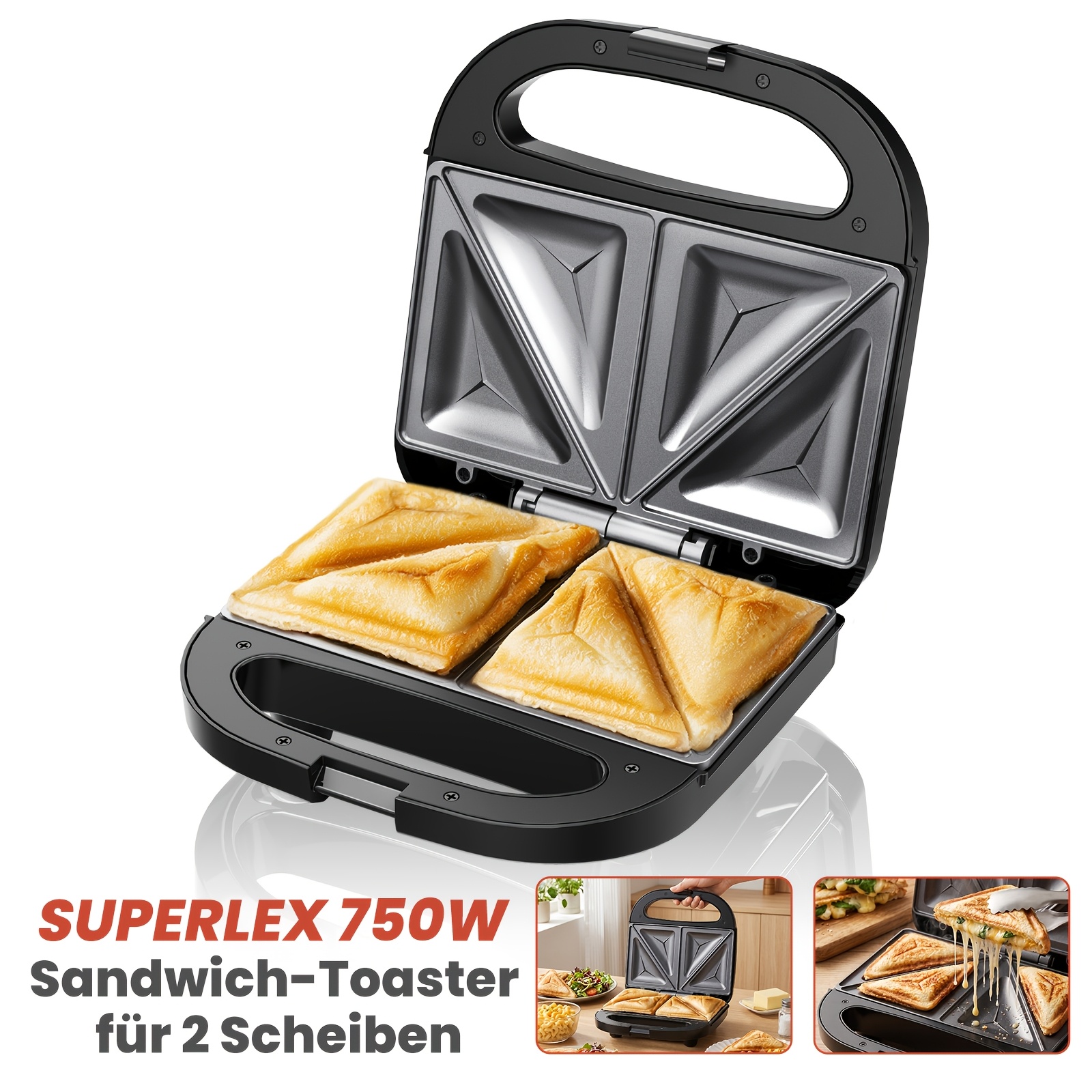 Image of Superlex 2- Sandwich Toaster, 750w Maker Electric Grill Press With Automatic Temperature Control, Easy To Clean Plates, Perfect For , Silvery And Black