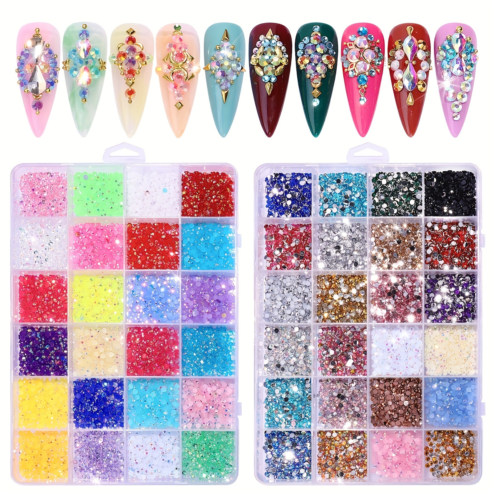 

24 Grids Nail Art Flatback Resin Rhinestones, Fluorescent Ab Crystal Gems, Diy Jewelry Accessories For Manicure Decoration