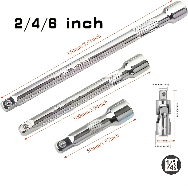 TEMU 4pcs 1/4" Socket Extension Bar Set, 2" / 50mm, 4" / 100mm, 6" / 150mm Trio + Universal Joint, Anti-slip Knurled Design, Compatible With Ratchet