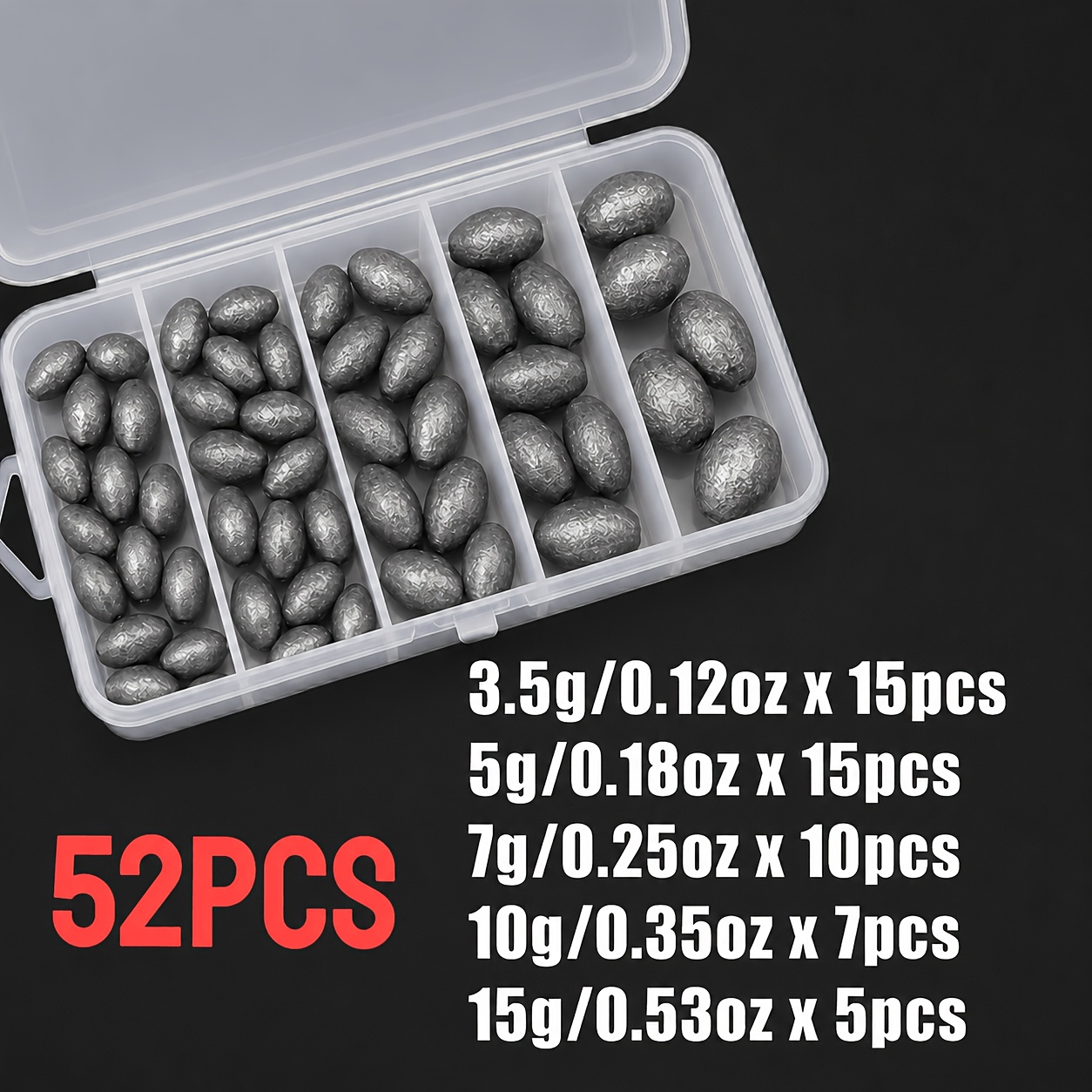 TEMU Kit de plomos de pesca tipo , 52 piezas/, 3.5G 5G 7G 10G 15G, plomos ovalados de tamaño con de almacenamiento, plomos de agujero central de
