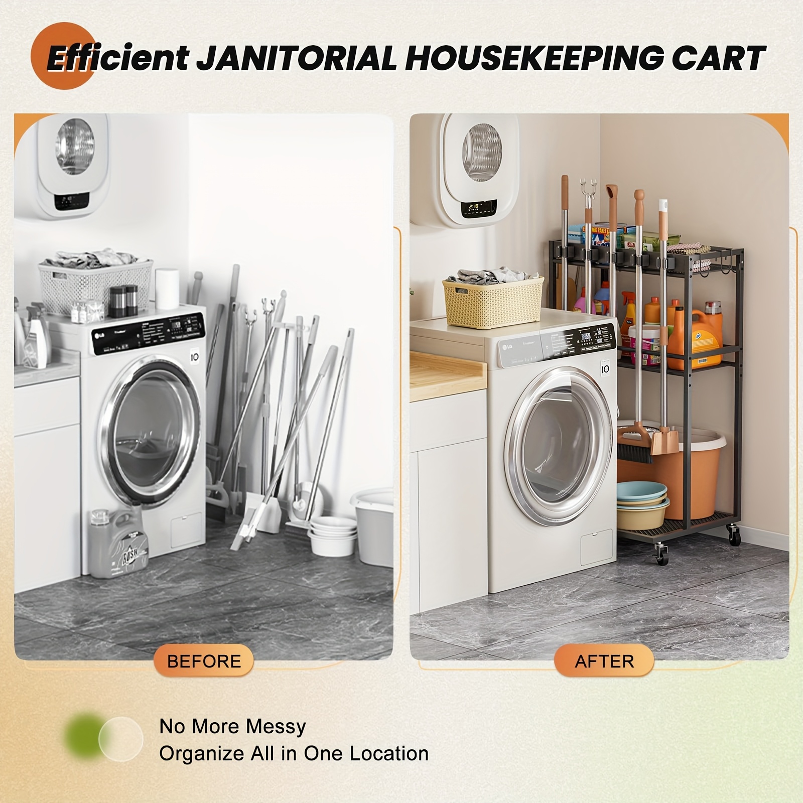 Broom Holder with Cleaning Supplies Organizer for Laundry Room