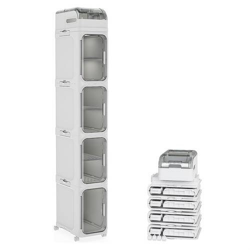 photo de l'article de rangement de salle de bain étroite à 8/6/5/3 niveaux, pliable , blanche | outils, abs , porte transparente magnétique, étagères réglables, roulettes verrouillables, pour espace étroit, étagères