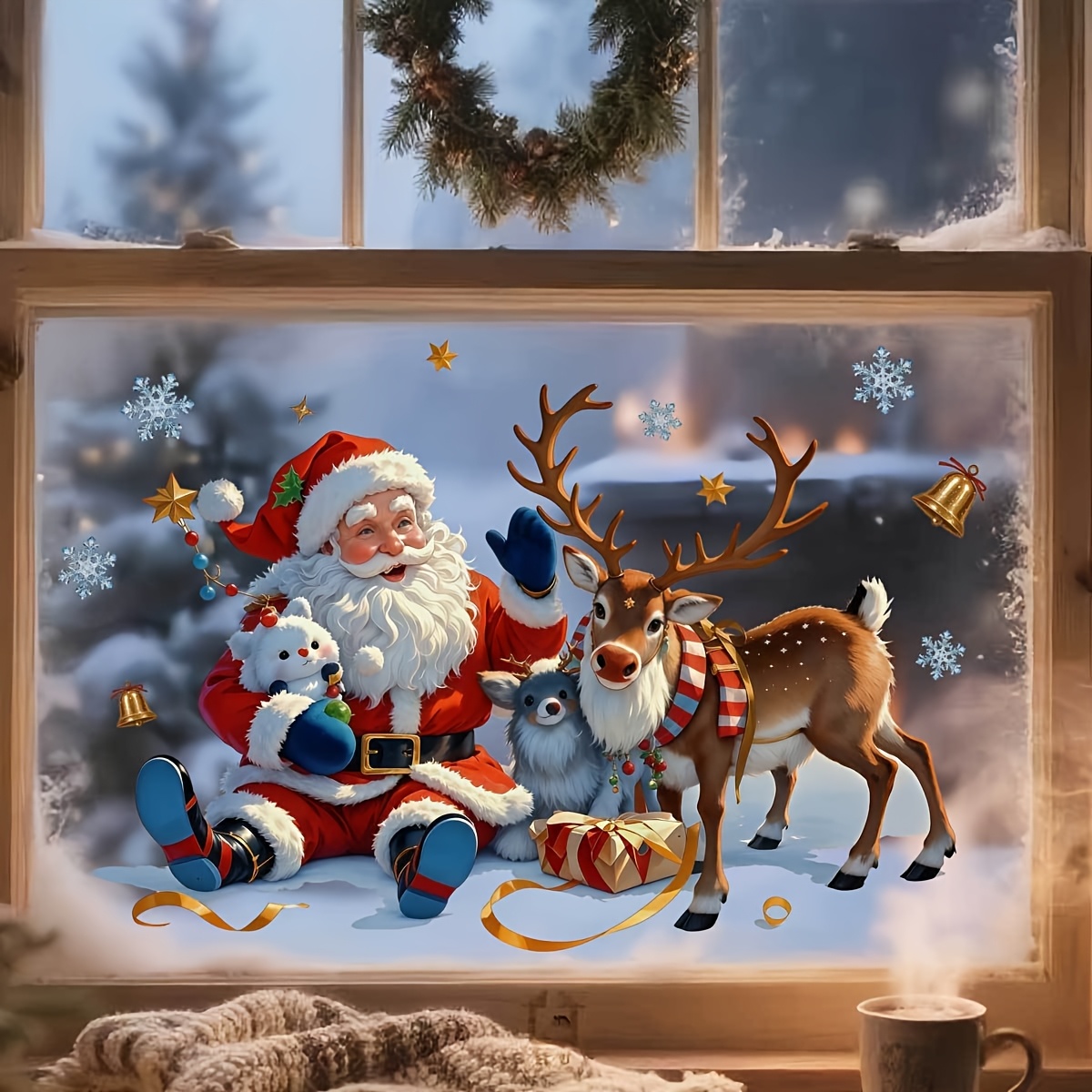 1 stuk Zelfklevende Verwijderbare Dubbelzijdige Kerst Raamstickers - Kerstman, Rendier & Sneeuwvlok Bel Stickers met PVC Folie (6mil) voor Glazen Deuren