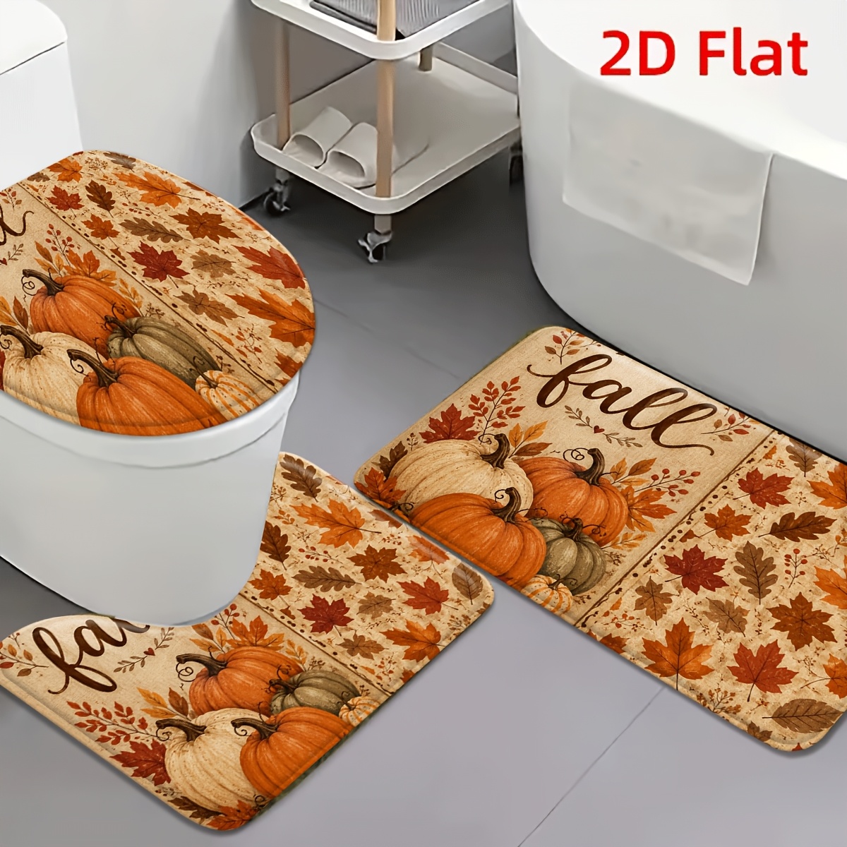 TEMU 2d Flat 3pcs Pumpkin And Maple Leaf Flannel Non-slip Toilet Mat Set Cozy Autumn Decor For Bathroom, Entryway, Bedroom, Living Room