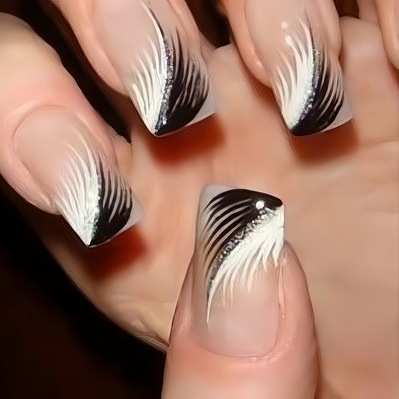 TEMU 24pcs Convenient Press-on Nails, Nude Transparent Base With Black And White Gradient , Long Stiletto Shape, Light Luxury High-end Atmosphere,