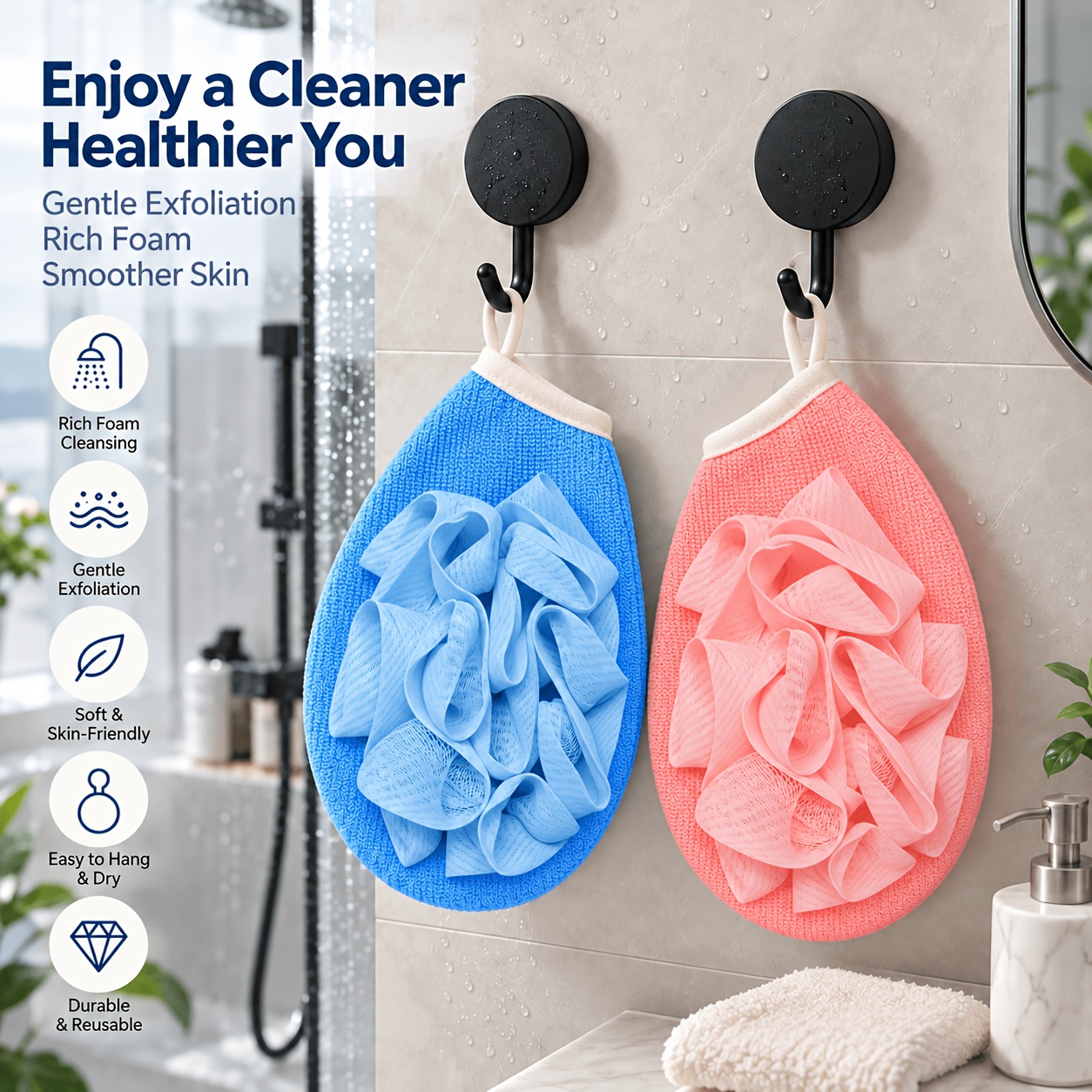 Bath Loofah Gloves with Black Round Hooks, 3D Mesh Design