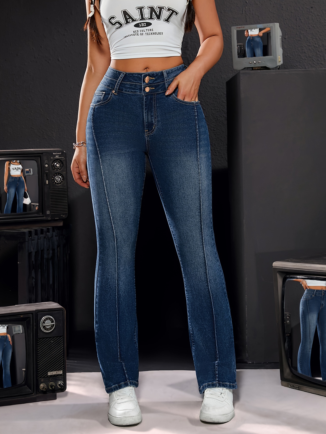 Women's High-Stretch Bootcut Jeans with Double Button Closure - Casual Denim Flare Pants, Machine Washable