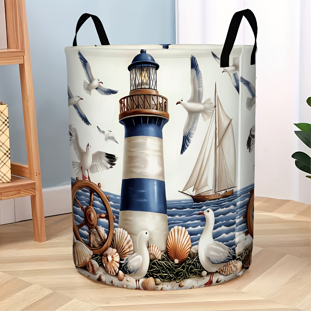 TEMU 1pc, Large Capacity Round Laundry Basket, Nautical Lighthouse & Design, Coastal Storage Hamper For Clothes, For Home, Bathroom, Bedroom, Laundry