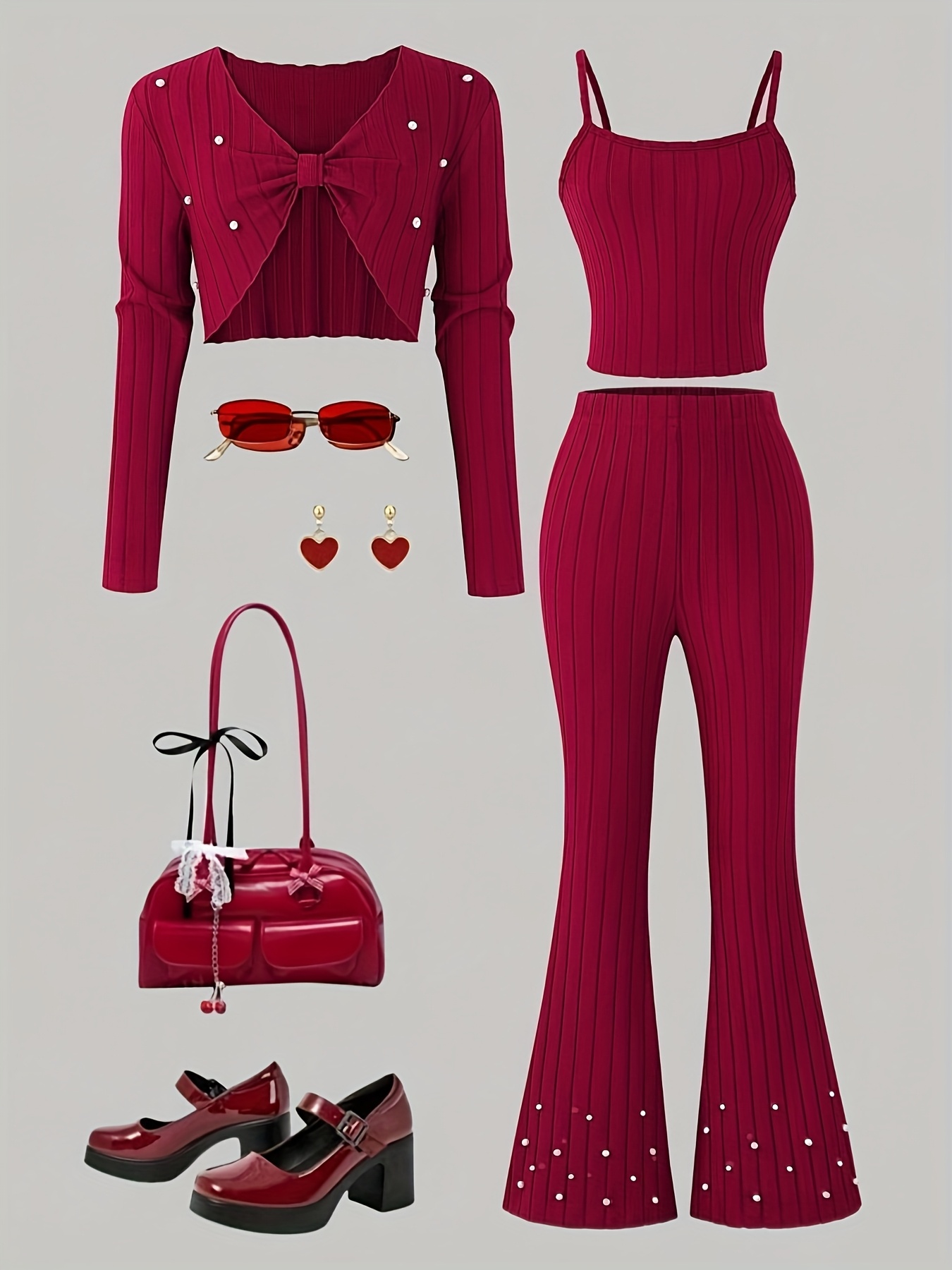 Girls' 3Pcss Imitation Pearl Bow Pullover Top, Camisole & Flared Pants Set