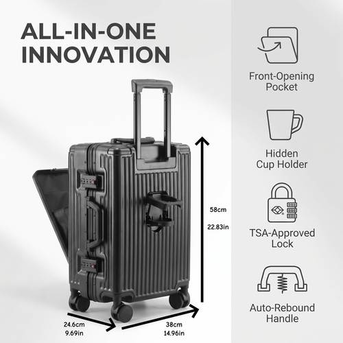 front opening suitcase it easy to quickly take out personal items such as laptop the swivel wheels are with brake pads the foldable cup holder and phone your hands its a must have for travel