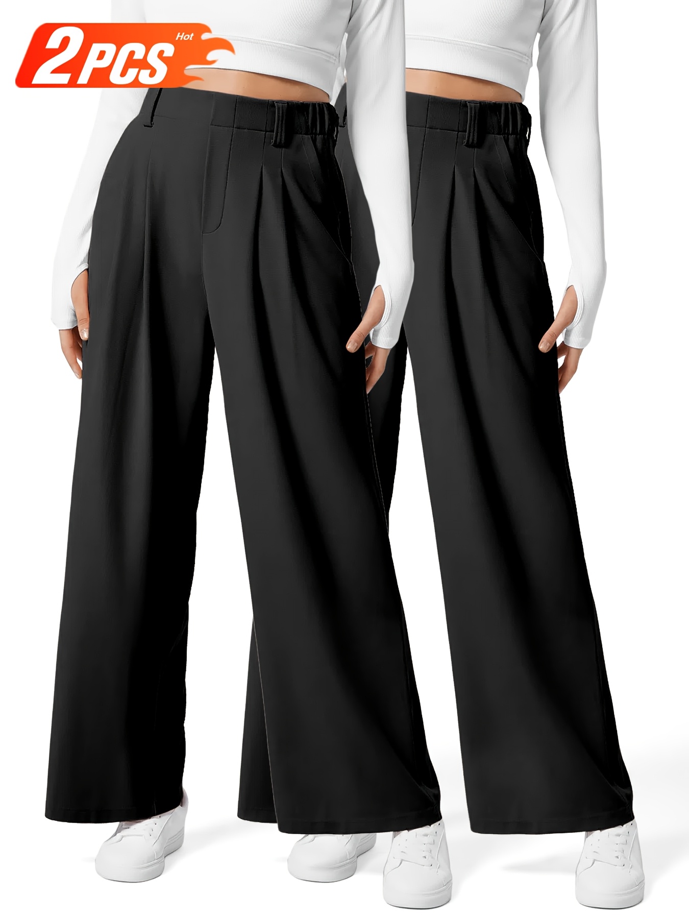 Women's Wide Leg Palazzo Pants, High Waist Loose Fit Trousers For Office, Casual & Business (Polyester)