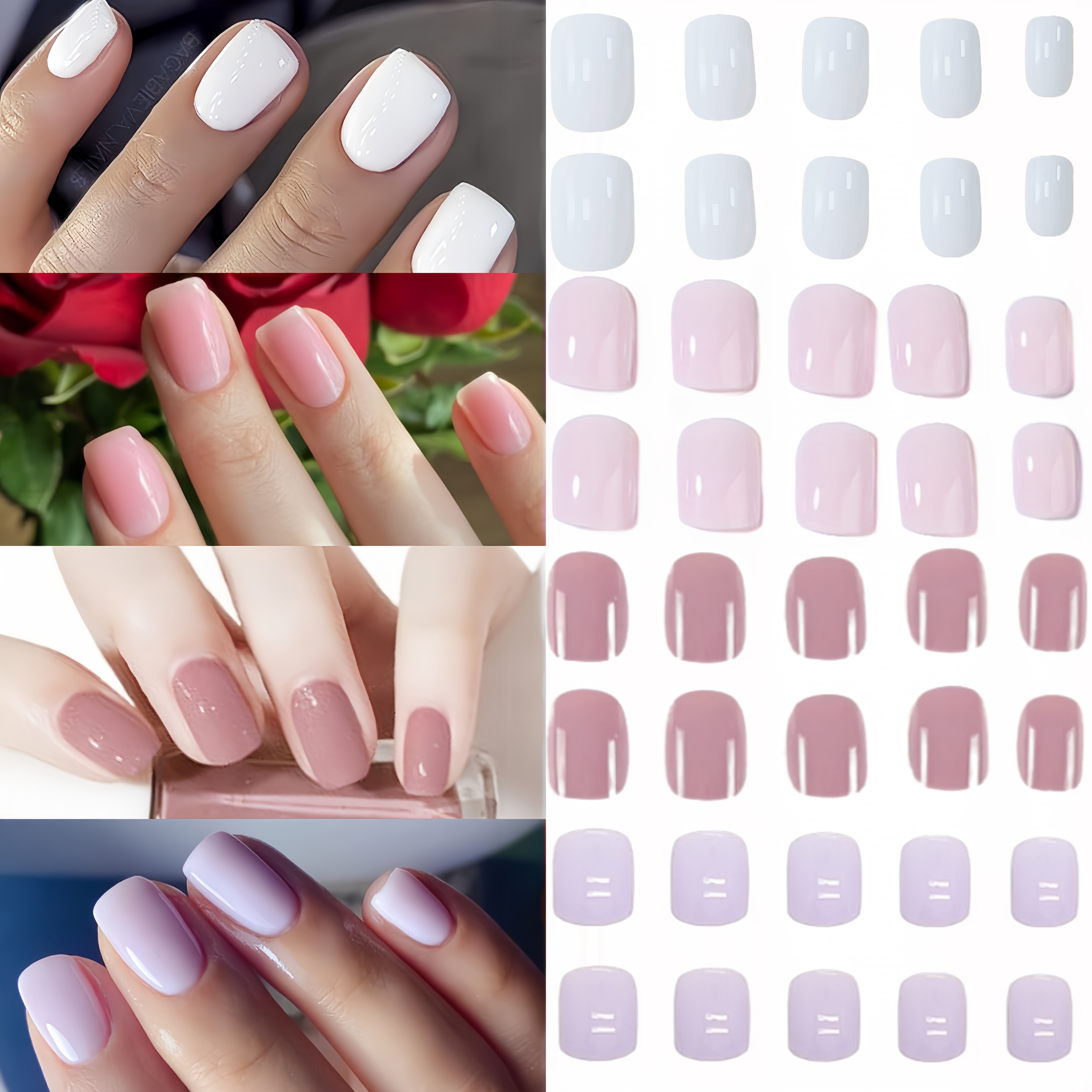 Image of 96pcs Square Short Fake Nails - (white, Pink, Bean Paste Color, Purple) Glossy Acrylic Women'-on Nail Art, Suitable For Daily And Special Occasions, Full Coverage Natural Fashionable High--on Nails