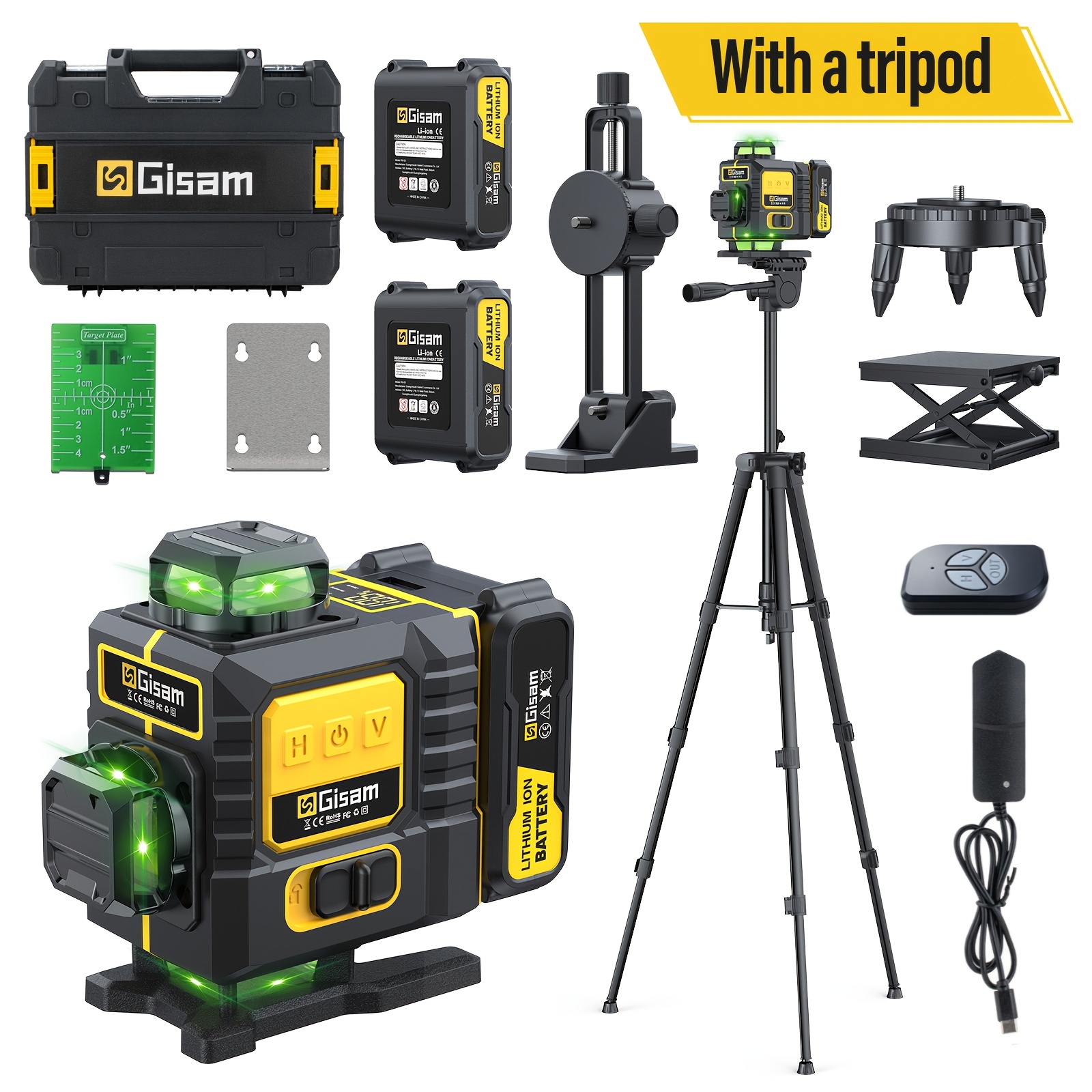 Image of Cross-laser Level With Tripod, 4 X 360° Laser Levels, 360° Rotating Window, 2 X 4800mah Batteries. Green Cross-line Laser Kit Ideal For Construction, Hanging Pictures, And Laying Tiles