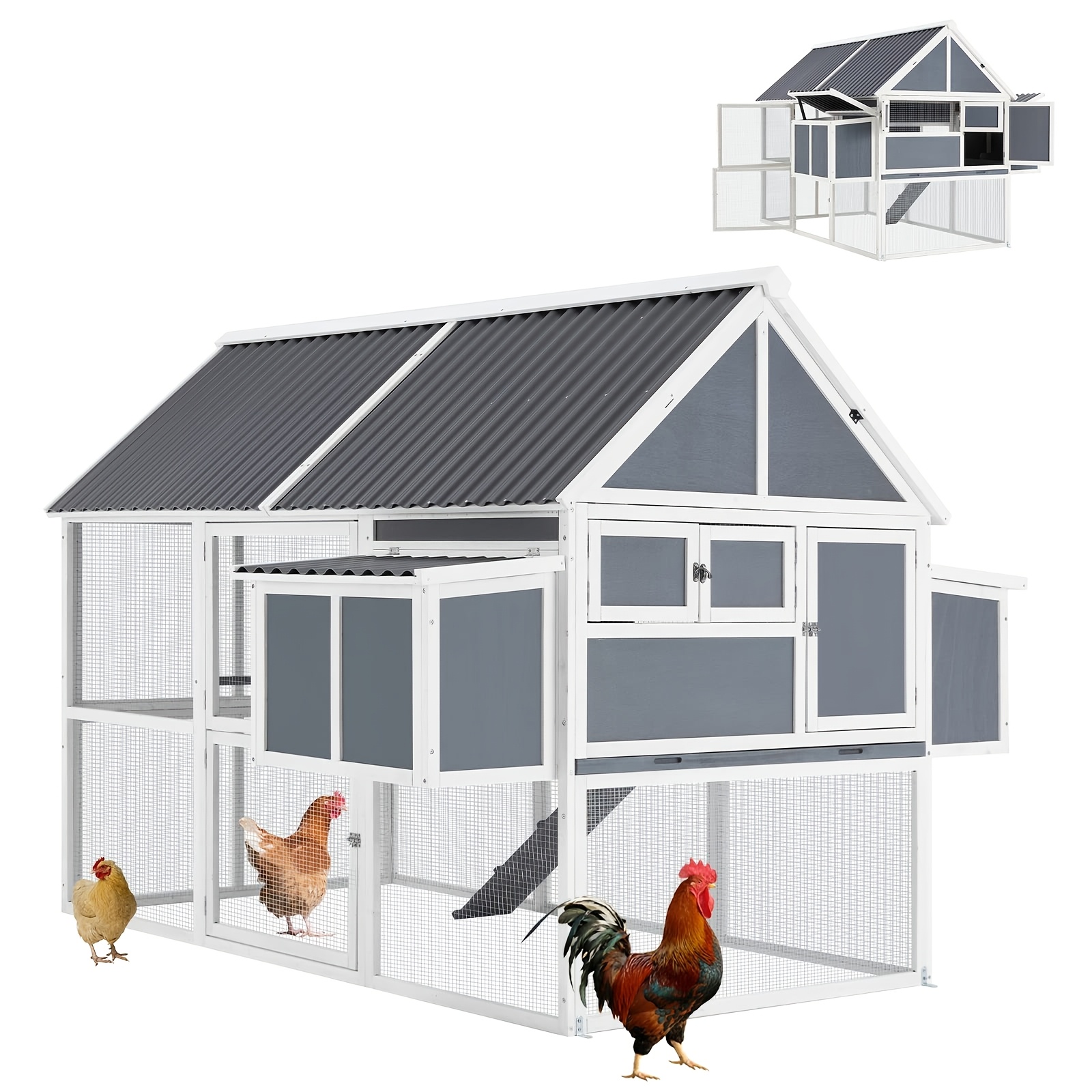 YODOLLA 84&quot; Large Chicken Coop, Outdoor Wooden Hen House Poultry Cage For 8-10 Chickens Walk In Chicken House With Run