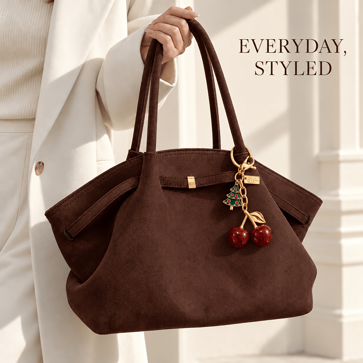 TEMU Borsa tote da donna marrone SHBW con perlina e ciondolo albero di Natale, borsa 44 x 24 x 12 cm con doppi manici lunghi, lati alati e accento ,