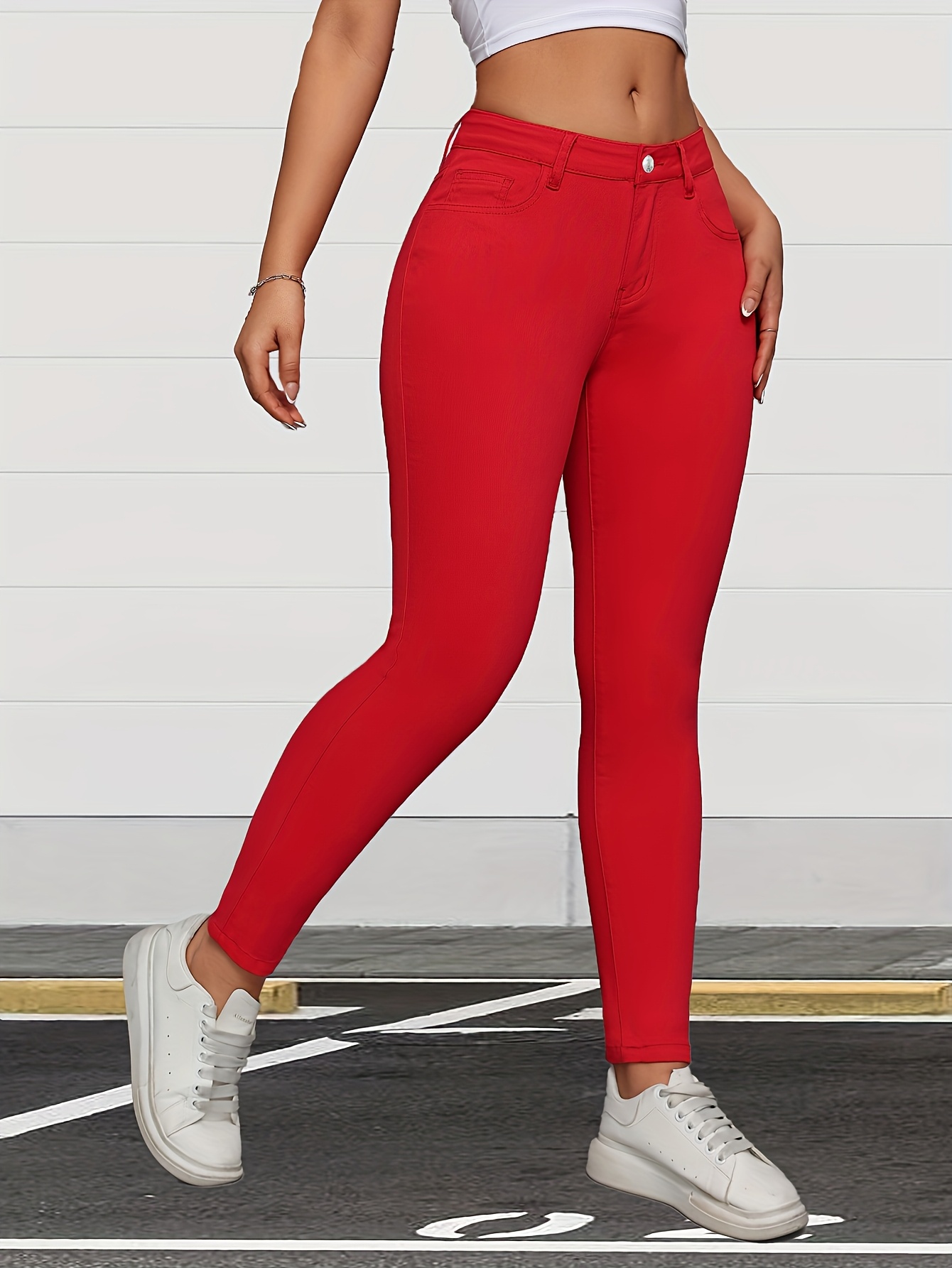 womens high waisted red stretch skinny jeans solid - Temu Czech 