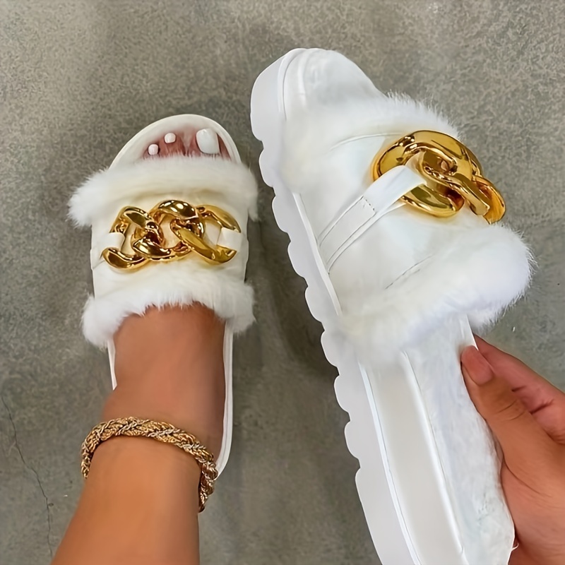 

Women's Woolen Open Toe Slippers With Plush Lining, Autumn And Winter Flat Sole Thick Warm Home Slippers With Golden Chain Accent