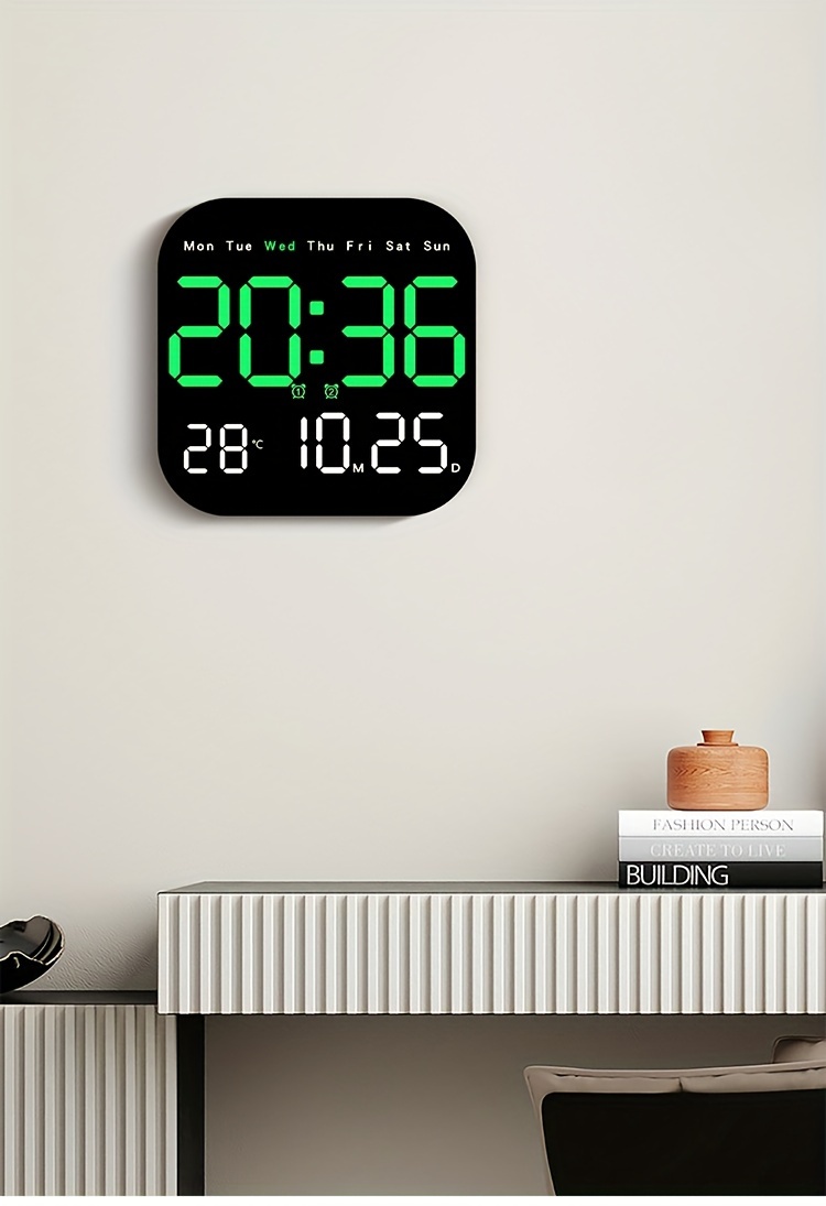 large led digital wall clock with remote control usb powered rechargeable   alarm temperature display calendar for bedroom details 19