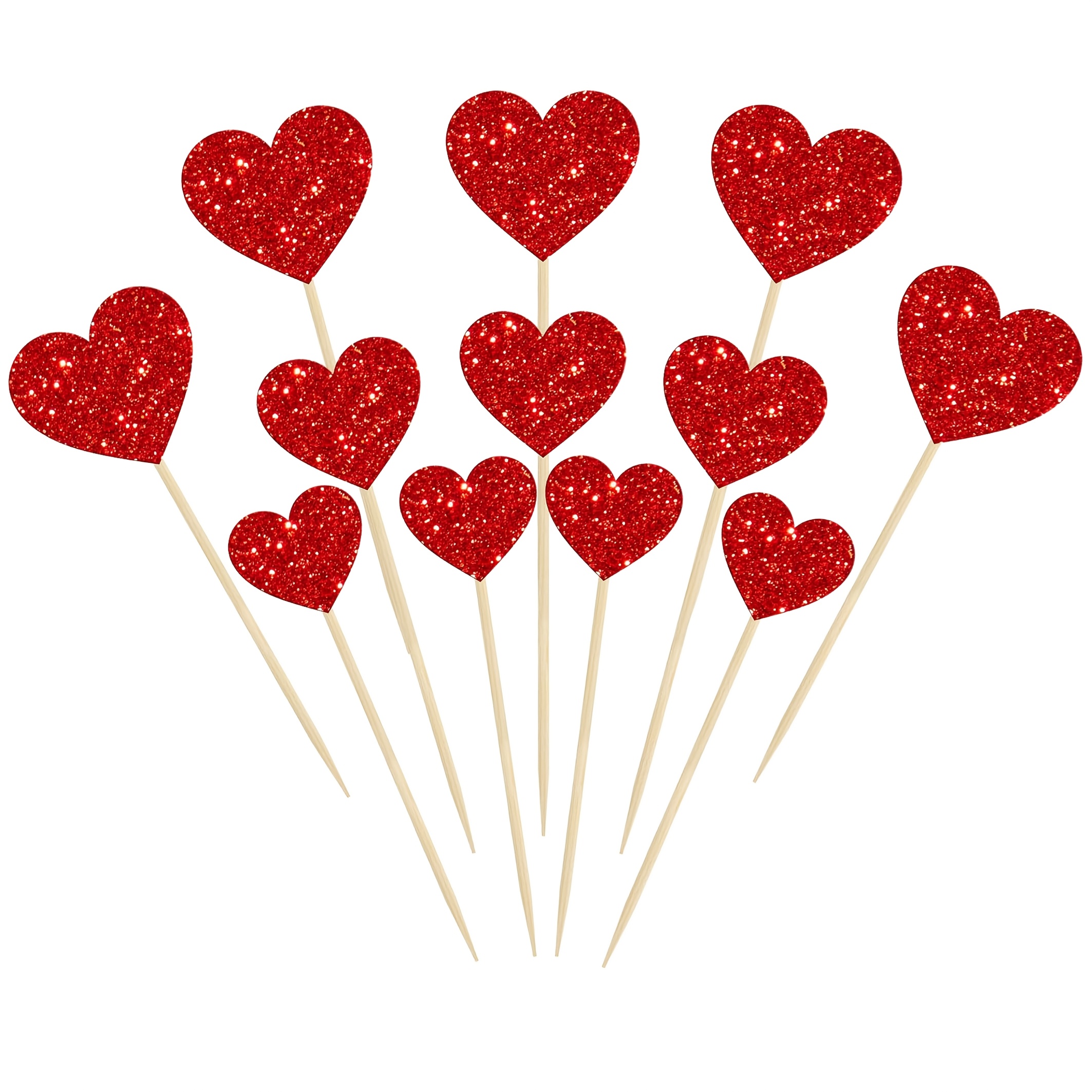 Image of 12pcs Heart Cupcake Toppers Red Glitter Heart Cupcake Pick Decorations Valentine's Day Cake Decorations For Wedding Shower Birthday Party Cake Decorations Supplies