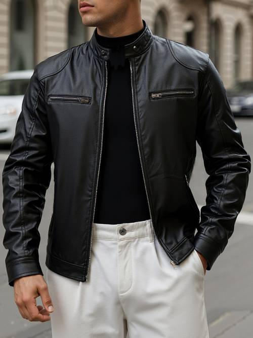 bagong estilong coat para sa kalalakihan para sa taglagas at taglamig. jacket na may maikling kwelyo at estilong motorsiklo na may zipper. pull-over na may maraming at fit. simpleng estilong ingles na solidong kulay na malaking sukat na coat para sa kalalakihan