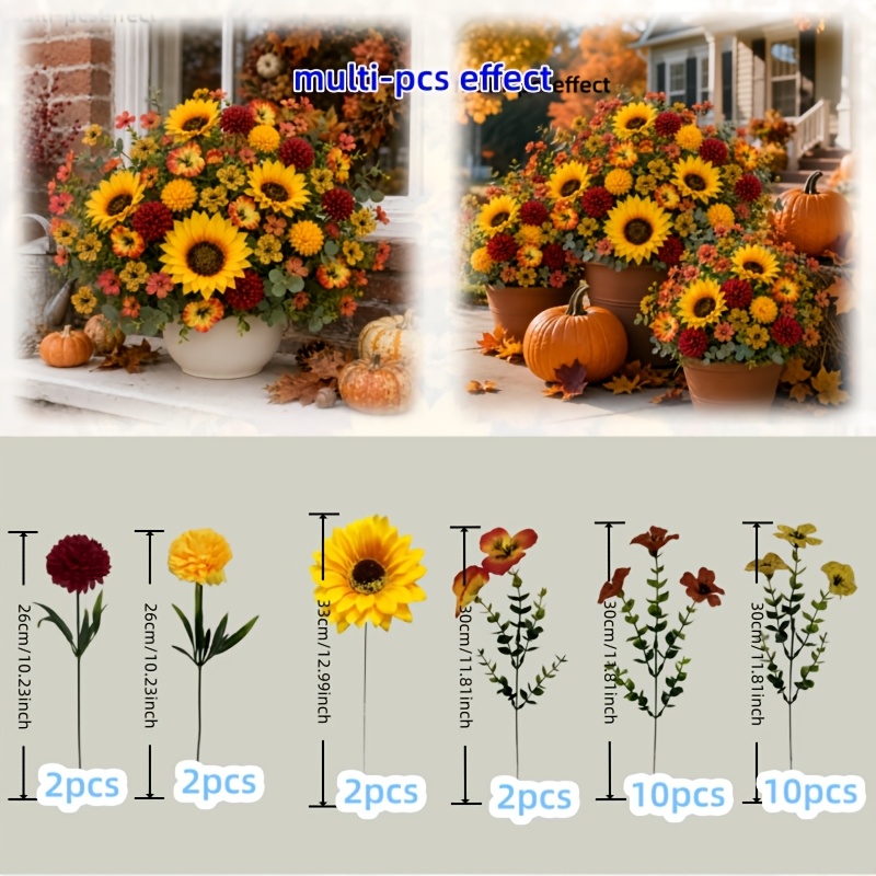 TEMU 28pcs Set Of Autumn Artificial Flowers - Yellow-red Mixed Chrysanthemums And Autumn-style Sunflowers Mixed Bouquet, Uv-resistant And Non-fading