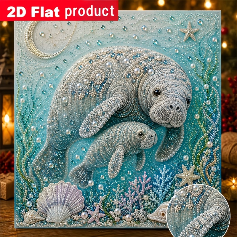 TEMU New Diamond Painting Kit, Manatee Mother And Calf Embracing In Pearls And Coral , Suitable For Beginners, Ideal For Home Or Office Wall Decor,