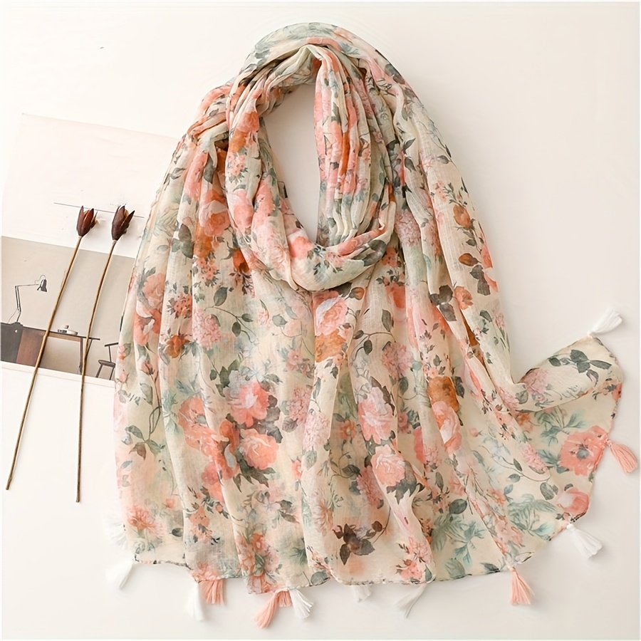 E-shop Neuer Damen-Schal im Bohemian-Stil, romantisch, floral, kunstvoll, weich, lässig, mit Fransen, modisches Kopftuch-Schal, vielseitiges