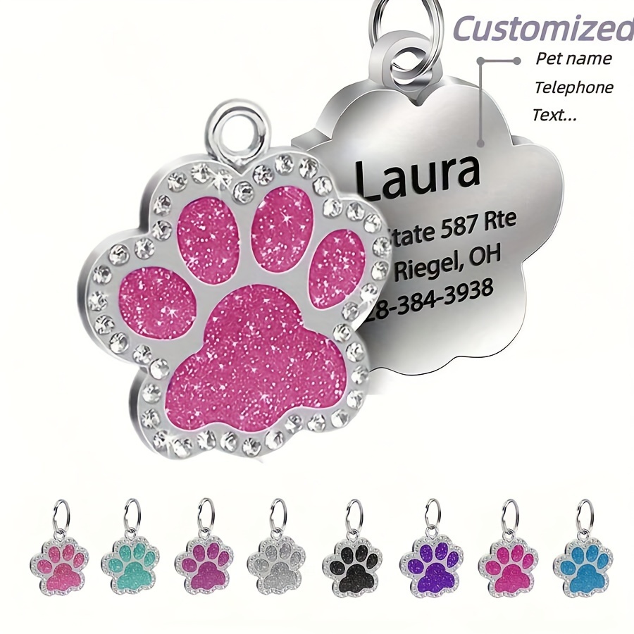 Image of Personalized Pet Id Tag With Rhinestone Decoration, Custom Engraved With Your Phone Number And , Carved Dog Name Tag, Cat Tag - For Pets!