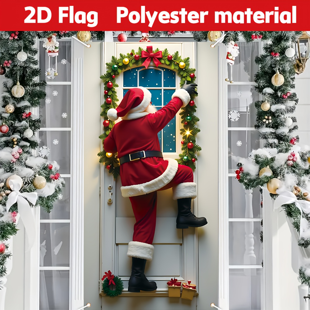 Banner de Porche de Navidad de Papá Noel en 2D plano - 89.92cm x 184.91cm Decoración de Marco de Puerta de Poliéster Duradero, Decoración Navideña Exterior Vibrante y Resistente al Desvanecimiento, Decoración de Navidad