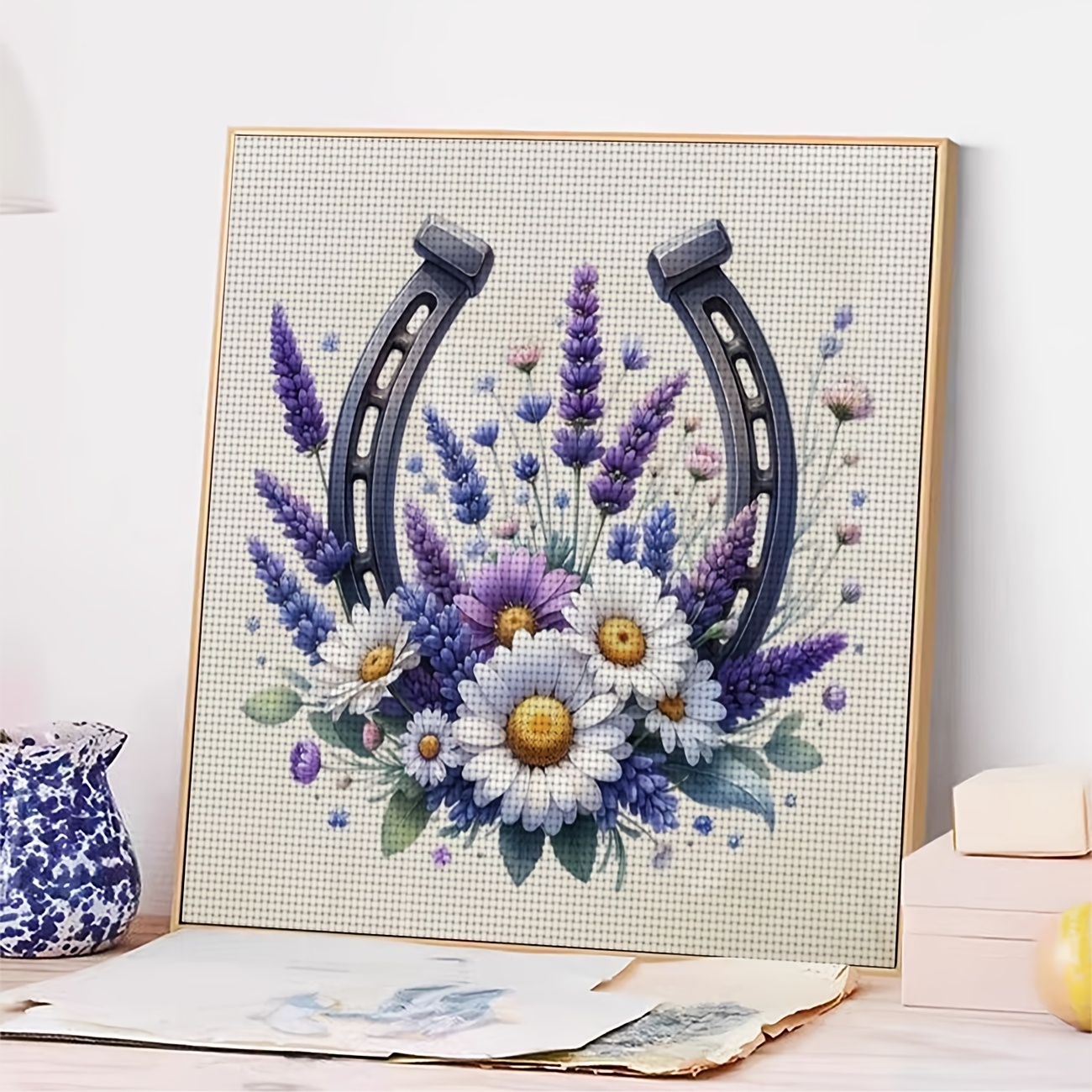 Cross-Stitch Printing Kit Without Frame, Lavender Daisy Horseshoe Design