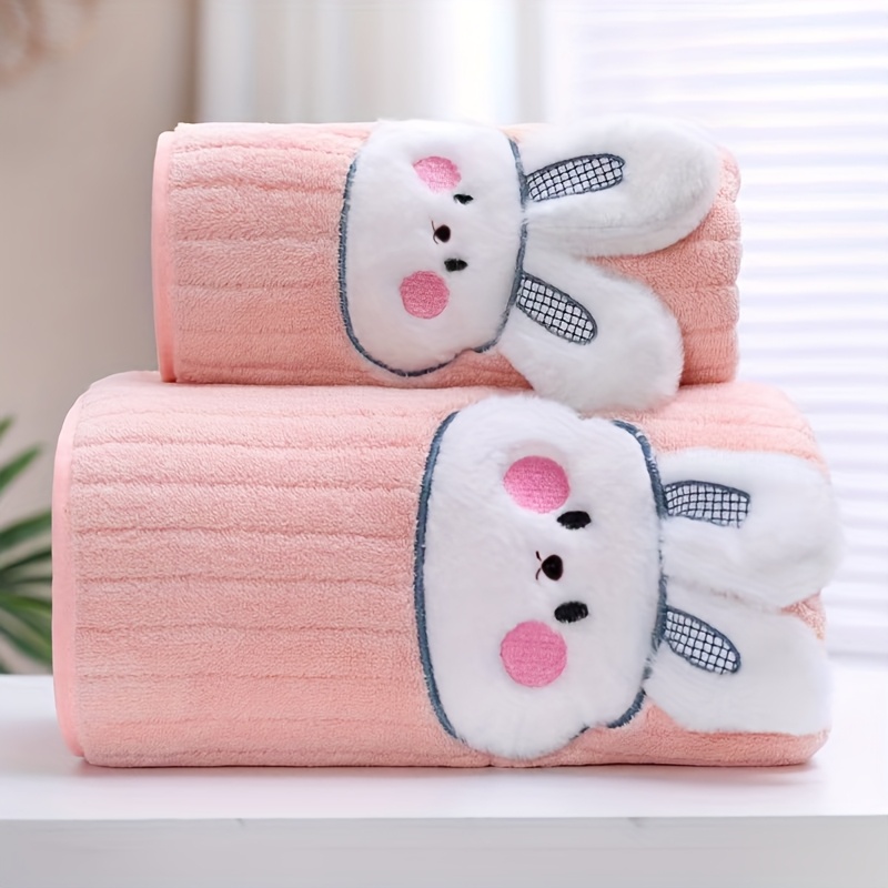 2pcs Hypoallergenic Cartoon Rabbit Towel Set, Quick-drying Absorbent Bath And Washcloth Combo