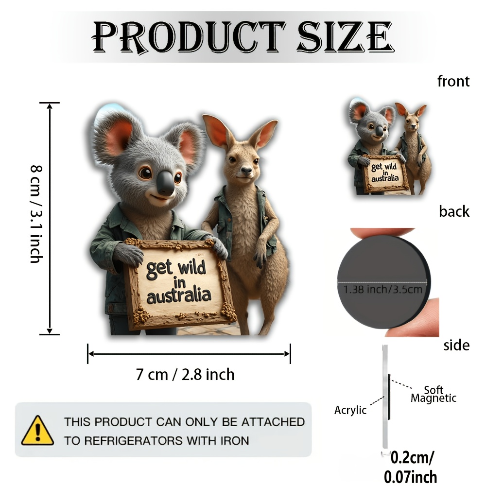 TEMU 1pc Australian Kangaroo Magnet - Cute Kangaroo With " In Australia" Logo, Acrylic And Rubber Soft Magnet, For Fridge, Table, Office - Animal