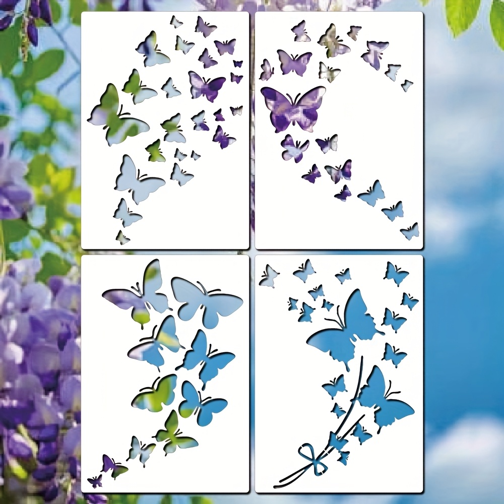 TEMU 4pcs Large Stencils For Painting - A4 Stencil Reusable, Plastic Flying Designs Diy Templates Scrapbooking, Canvas Furniture, Wall Home Decor &