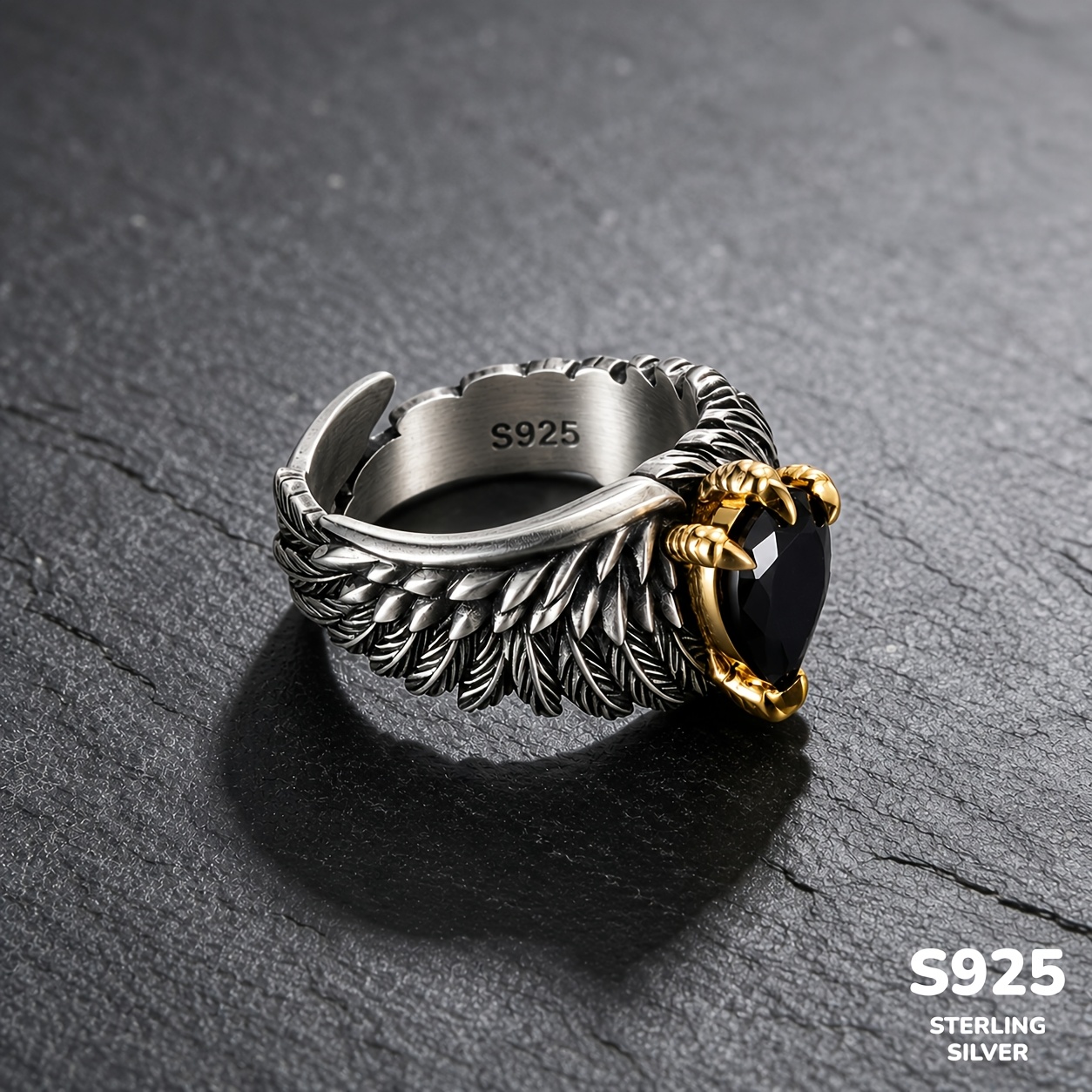 Image of 1pc S925 925 Silvery Plated Exquisite Retro Eagle Claw Inlaid Synthetic Synthetic Cubic Zirconiaia Feather Unisex Ring Gift, Open Adjustable, High-quality Jewelry, Wear