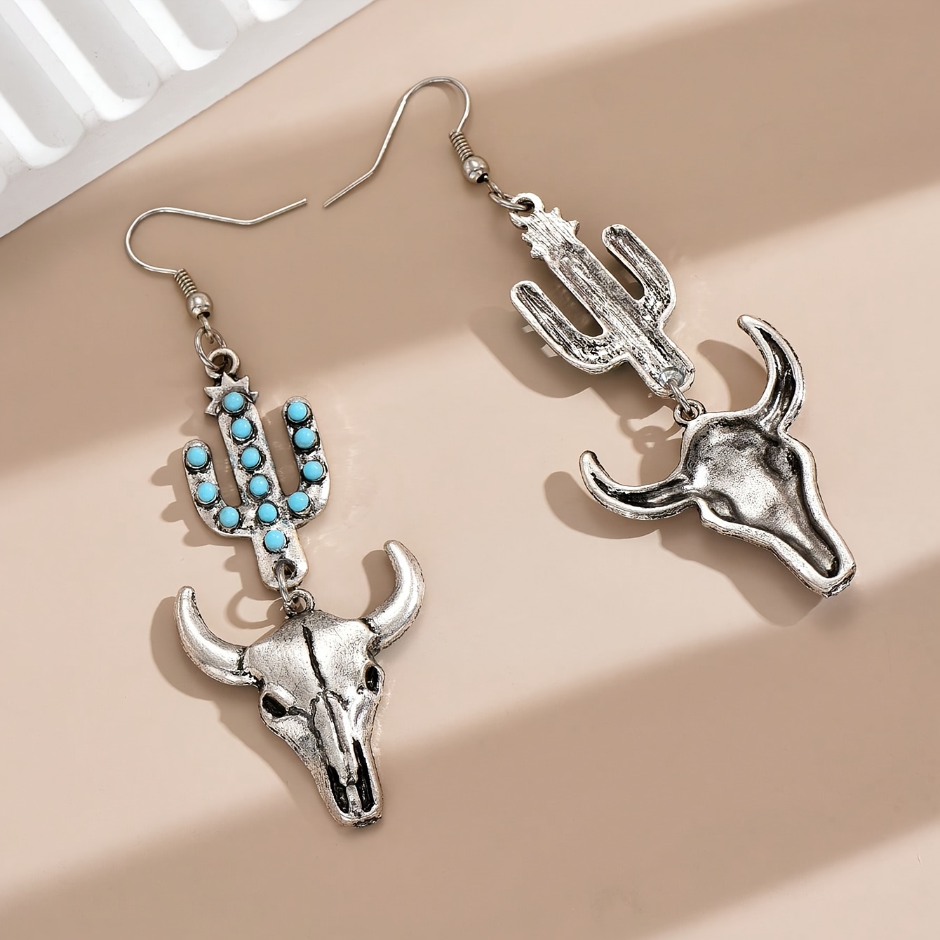 Western Cowboy Style Drop Earrings, Cactus Skull Design