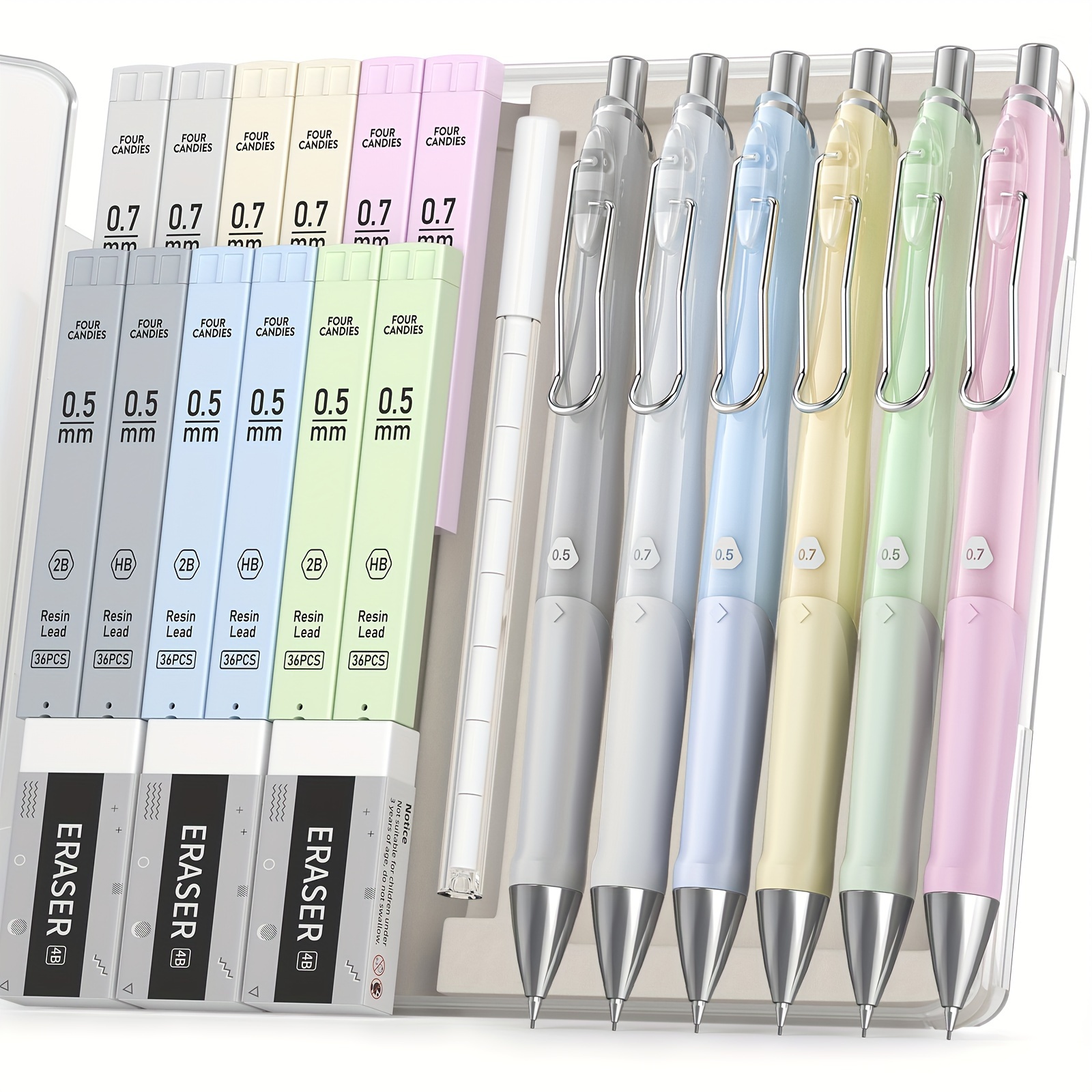 

4 Candies Pastel Mechanical Pencil Set 6pcs 0.5/0.7 Mm Style Hb 2b Lead Refills, Small Eraser, Metal Clip For School Drawing Sketching Artists College 6 Colors