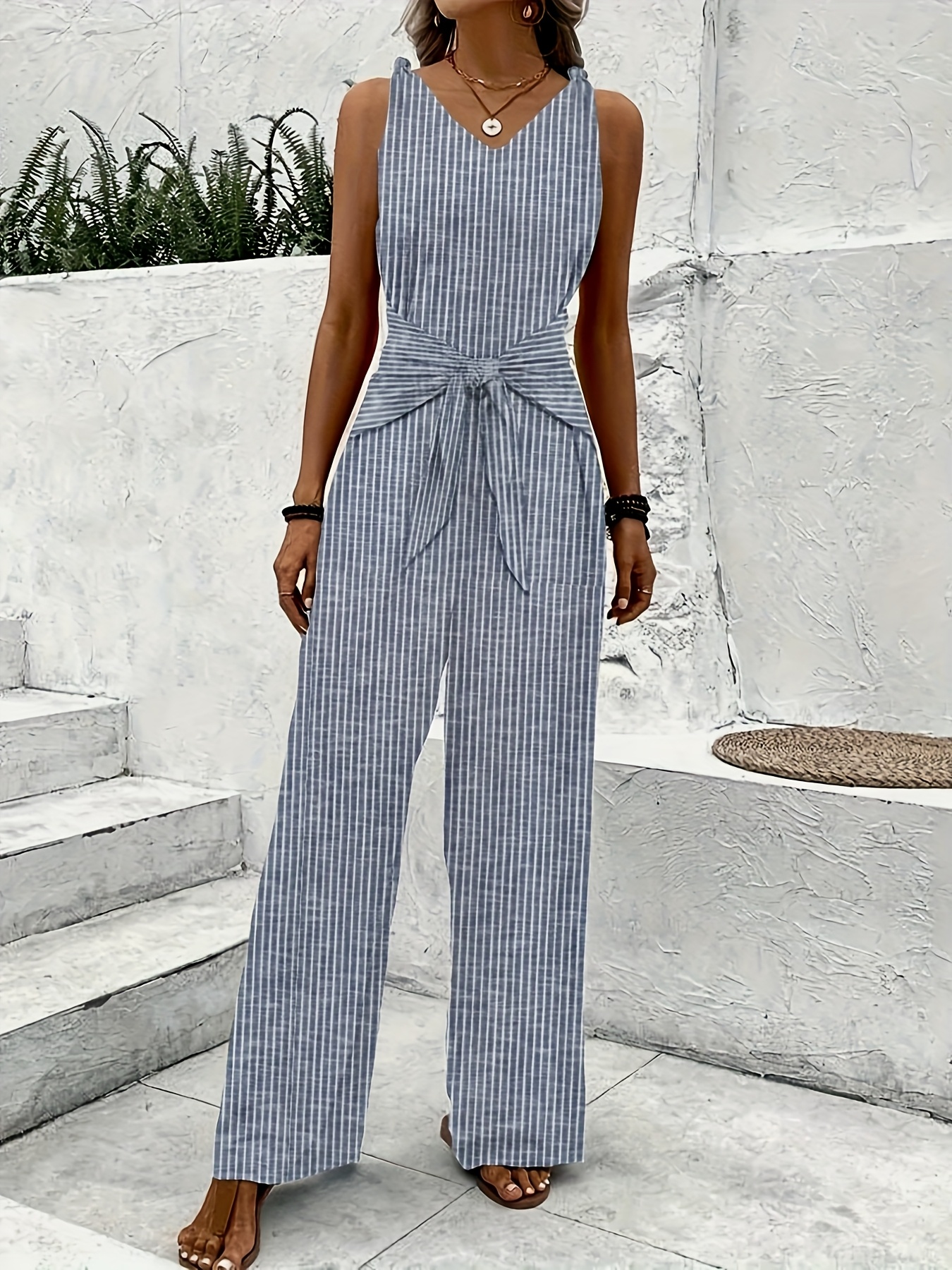 women's casual striped v neck sleeveless jumpsuit tie front Temu