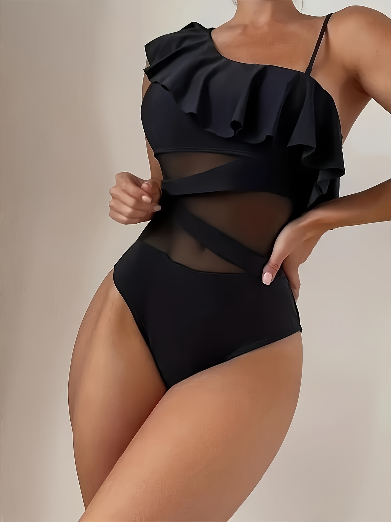 womens elegant one shoulder mesh swimsuit ruffle detail solid black   bathing suit details 6