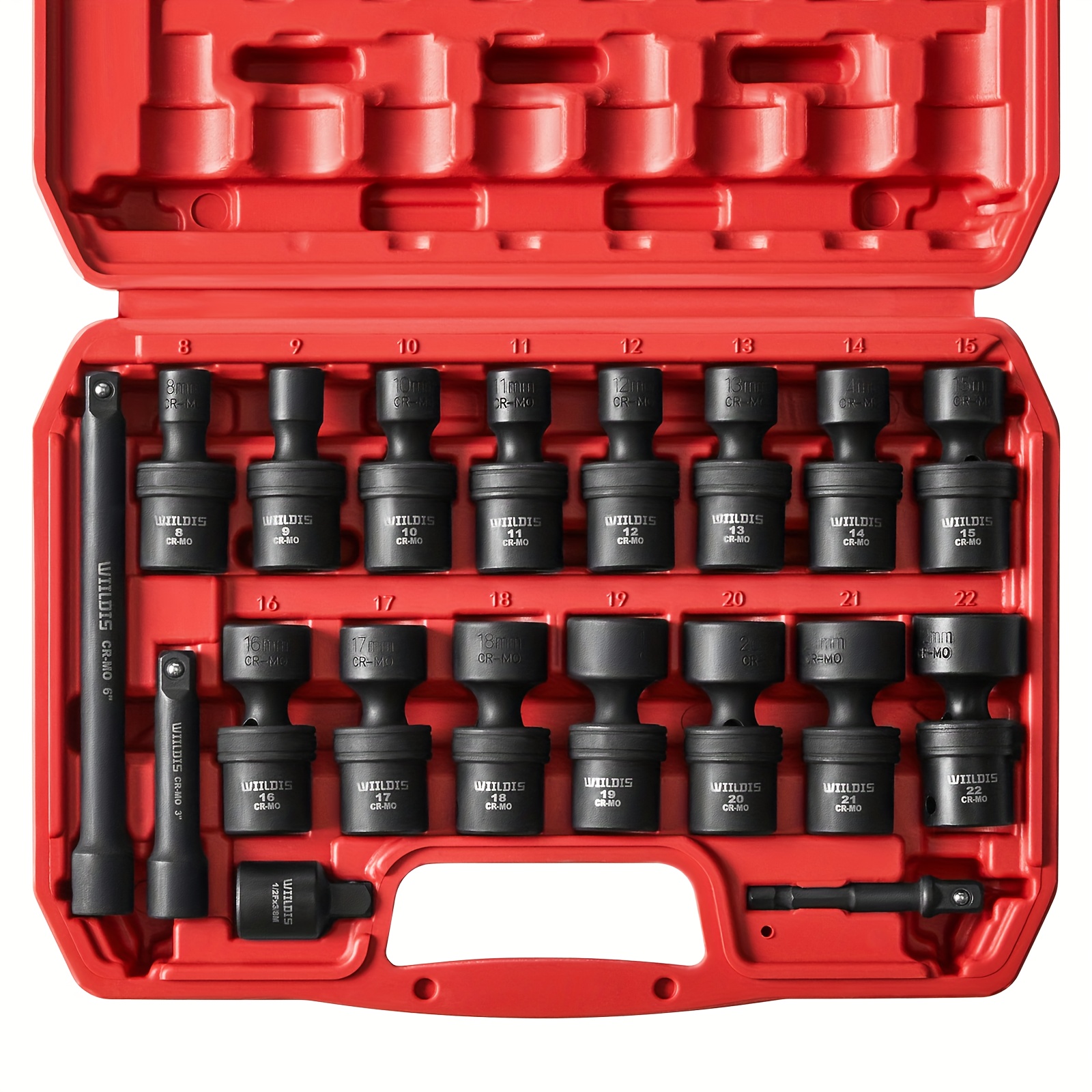 TEMU 19pcs 3/8" Drive Impact Socket Set With Cr-mo Swivel Sockets, Flexible Wobble Design, Metric 8-22mm, 6-point, Includes Extension Bars & Adapter,