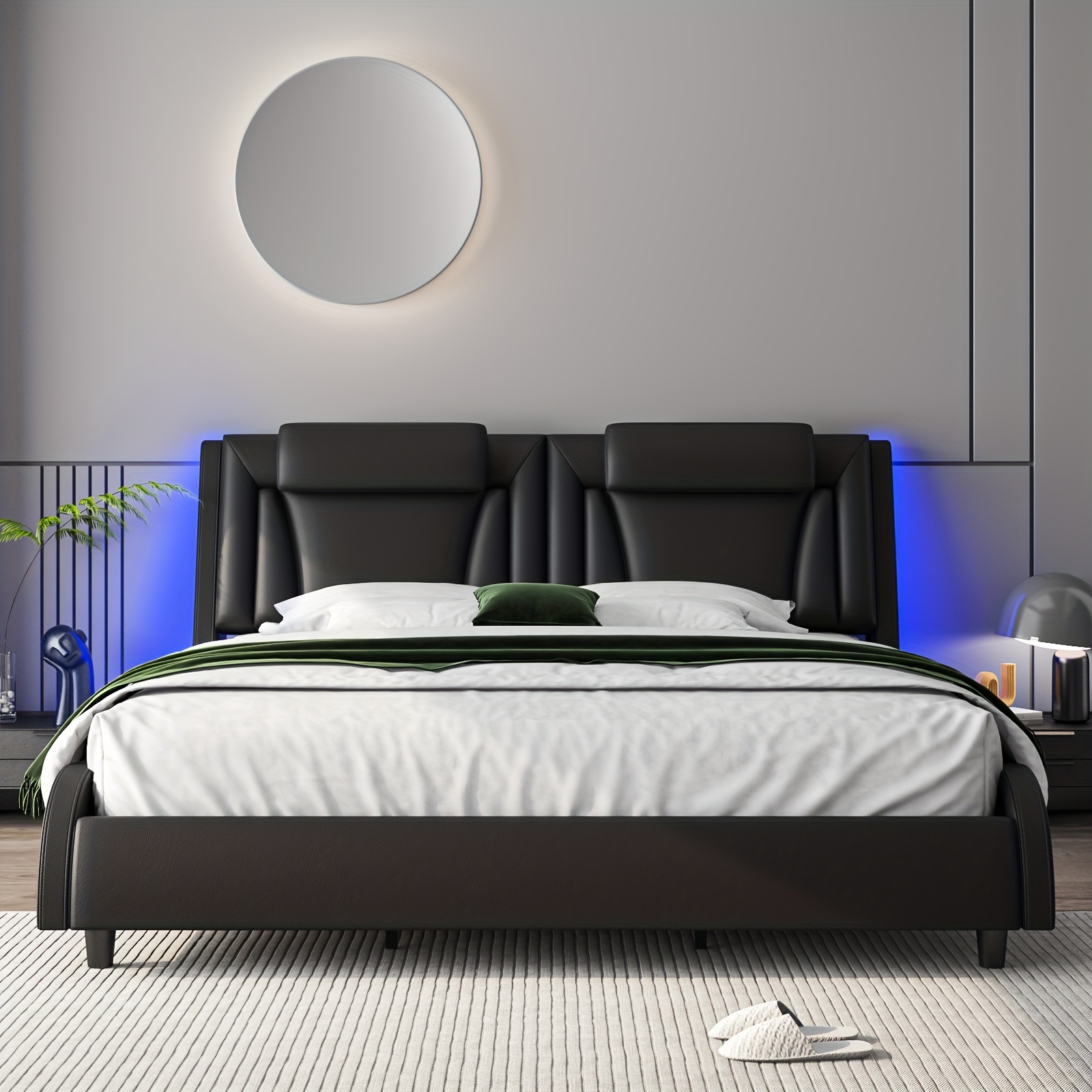 

Elegant Led Bed Frame With Adjustable Headboard - Wave-like Curve Design, Removable Backrest, Solid Wood Slats Support, Leather In - Modern Platform Bed For Contemporary Decor